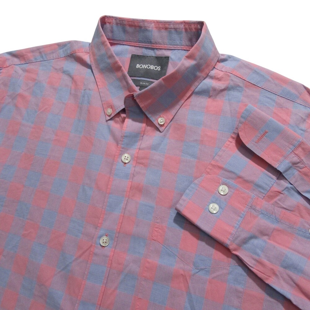Bonobos Mens Button Down Shirt L Slim Fit Red Blue Check 100% Cotton